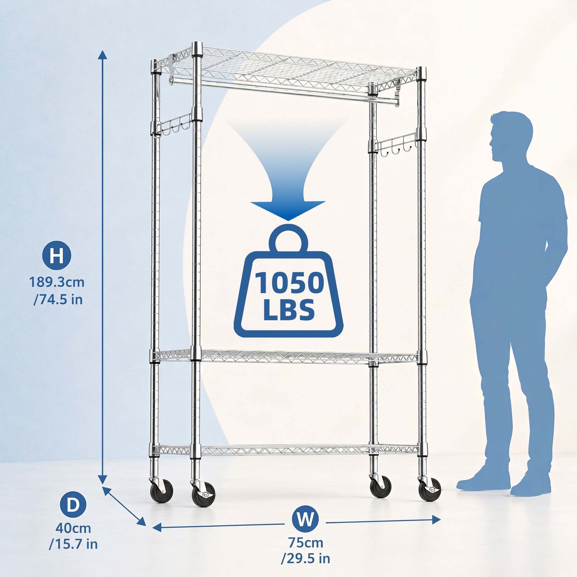 Garment Rack 29.5x15.7x74.5 Inch 3-Tier Carbon Steel 750 lbs Capacity with Lockable Wheels for Bedroom Laundry
