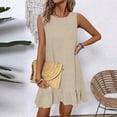 thumbnail image 3 of JoveMarine Summer Dress for Women Lace Round - Neck Ruffled Edges Sleeveless Casual Vest Dress with Tie Detail, Lightweight Mini Dress,Khaki L, 3 of 9