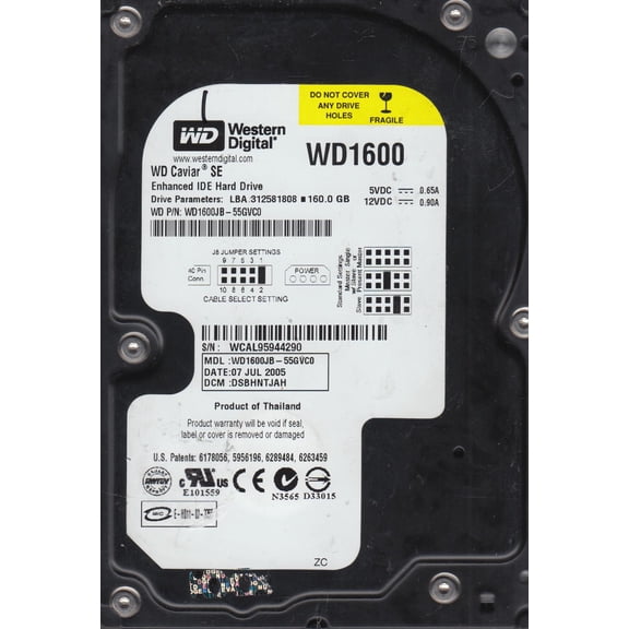 WD1600JB-55GVC0, DCM DSBHNTJAH, Western Digital 160GB IDE 3.5 Hard Drive