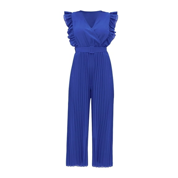 Women's Summer Casual V Neck Ruffled - High Belt Pleated Trouser Jumpsuit