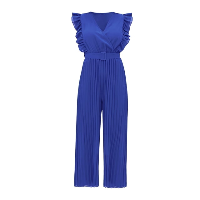 TrendOFT Jumpsuits For Women Casual Summer V Neck Sleeveless Ruffl Solid Belt Pleated Wide Leg Womens Rompers One Piece Overalls Blue M