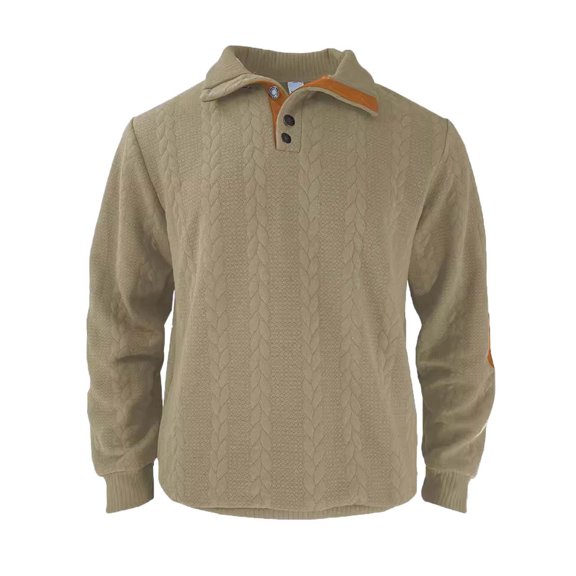 Men's Sweatshirt Jacquard Buckle Long Sleeve Applique Embroidered Sweater Khaki M