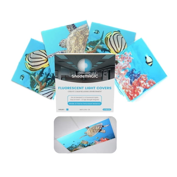 Shademagic Fluorescent Light Covers For Classroom Office-Seascape-Light Filter Pack Of;Eliminate Harsh Glare That Causing Eyestrain And Head Strain.Office & Classroom Decorations. Light Diffusers (4)