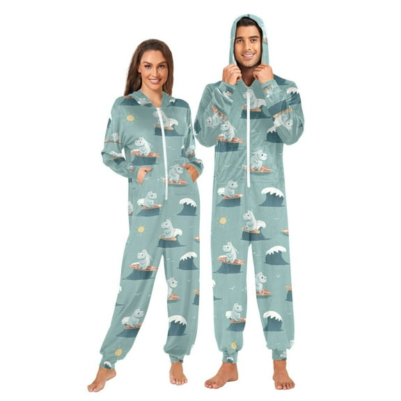 Adult Christmas Onesie Surfing Hippo Adult Zipper One-Piece Pajamas Unisex Pajamas with Pockets