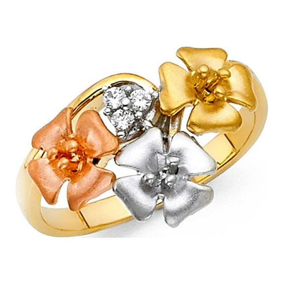 14k Yellow Gold CZ Flower Ring Three Flowers Band Curve Stylish Satin & Polished Tri Color Size 7
