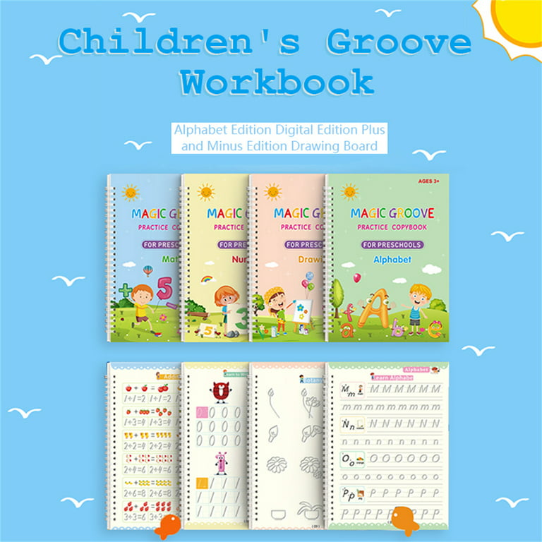 Teacher Designed EliteKids Large Magic Practice Copybooks for Kids 4 Pack (Sight Words Included)-Groove Workbooks-Reusable Writing Practice Book Kit
