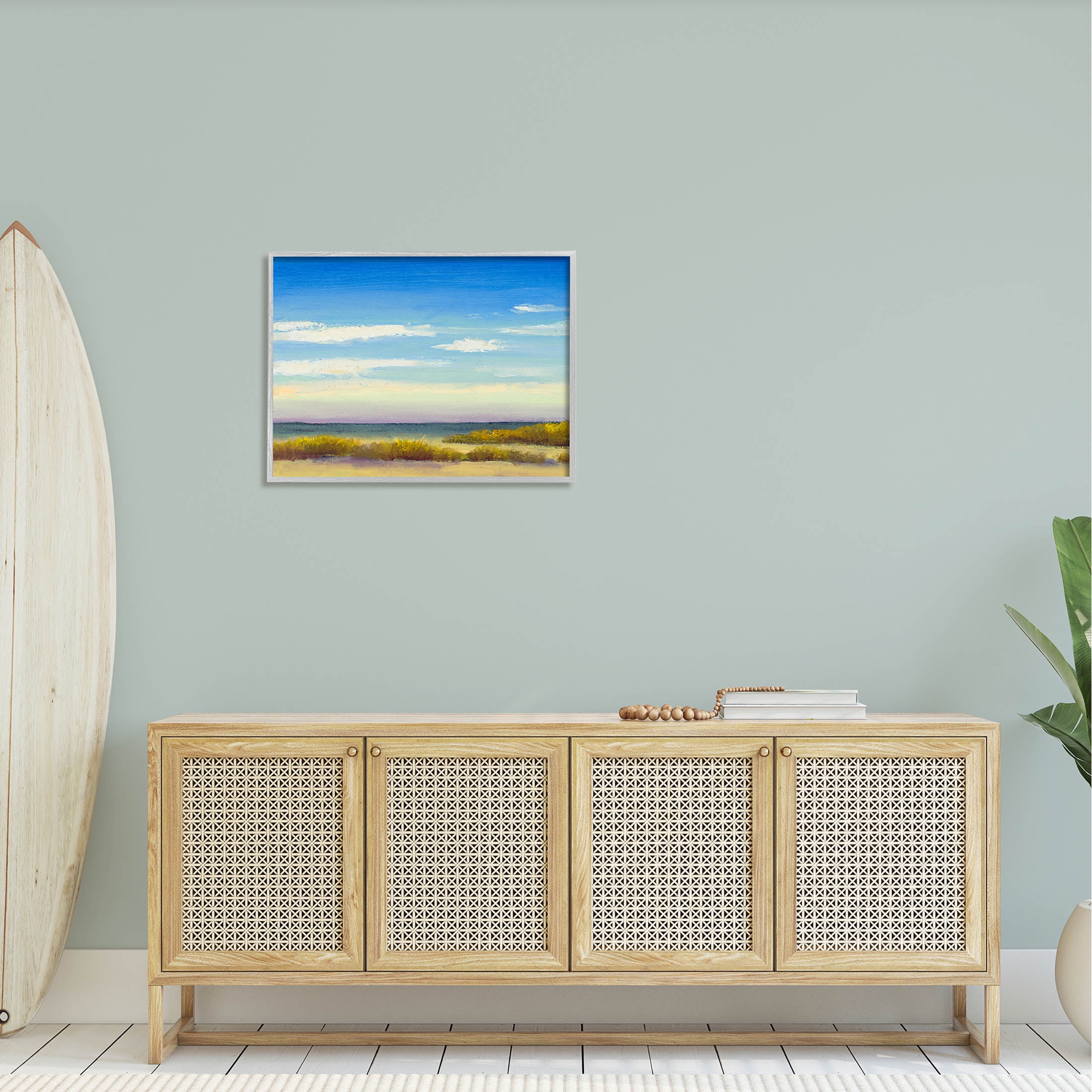 Coastal Beach Vivid Blue Sky Coastal Painting Gray Framed Art Print Wall Art