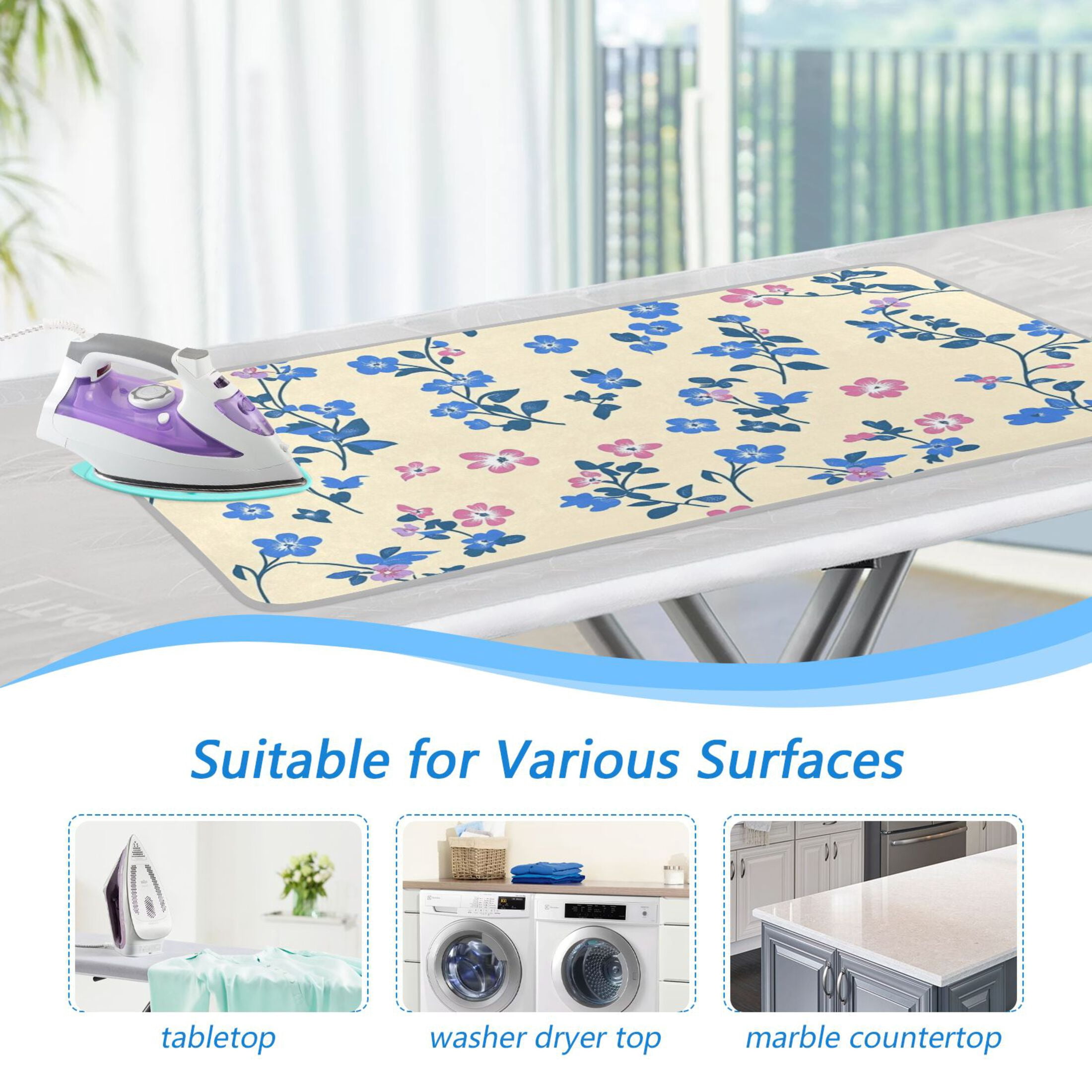 Blue Small Floral Ironing Mat Blanket for Table Top Travel Portable Ironing Board Pad 47.2x27.6 Inch