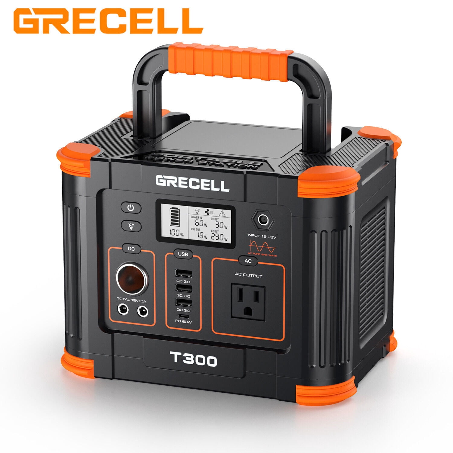 Portable Power Station 300W (Peak 600W), GRECELL 288Wh Solar Generator with 60W USB-C PD Output, 110V Pure Sine Wave AC Outlet Backup Lithium Battery Outdoors