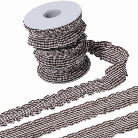 10 Yards 1 Inch Brown White Gingham Trim Pleated Ruffle Edge Lace Applique Trimming Double Ruffled Gathered Tartan Elastic Fabric Ribbon for DIY Sewing Making Crafts Dresses Costume Christmas