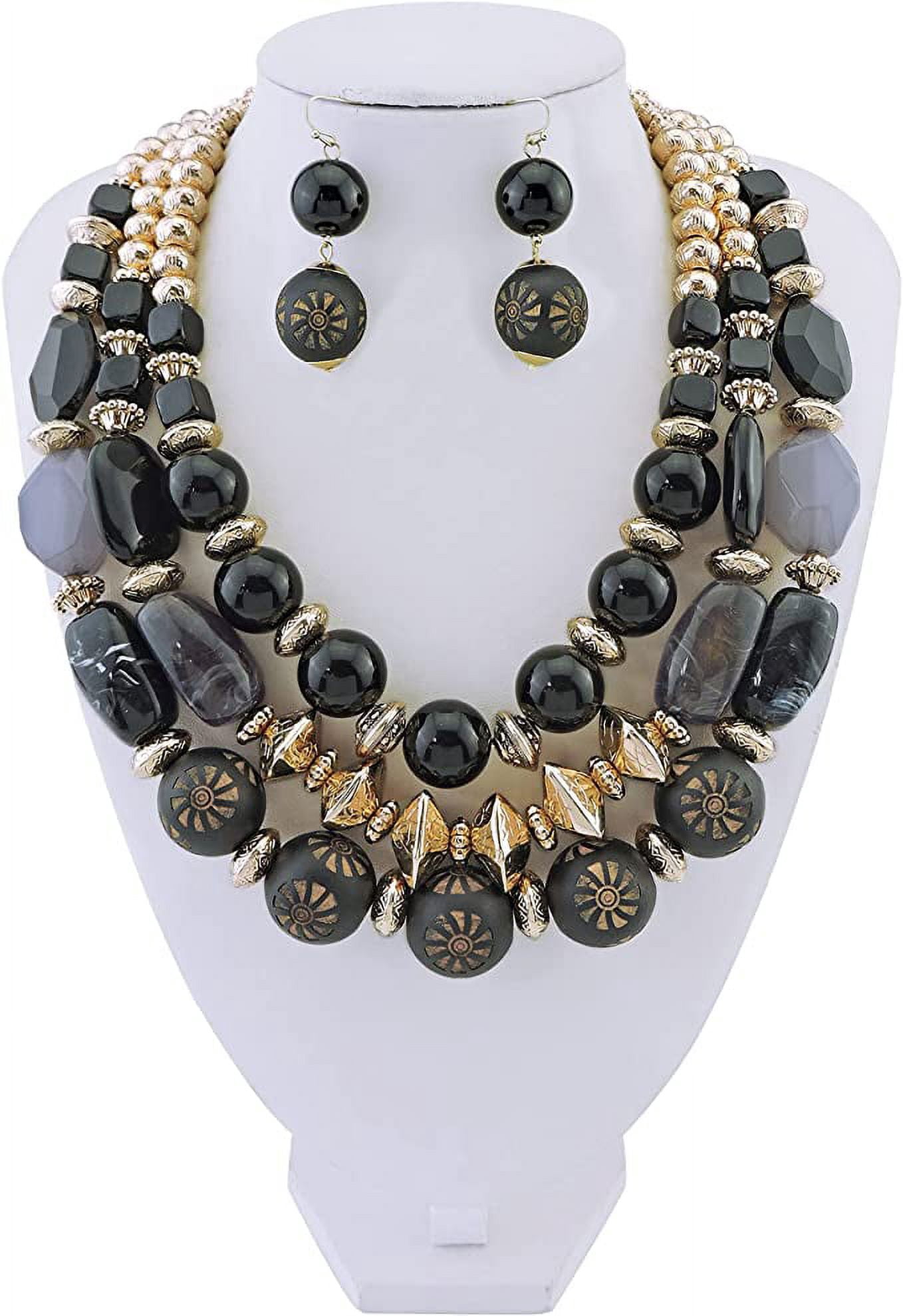 Bocar 3 Layer Chunky Statement Beaded Necklace and Earrings Set, Fashion Multi Layer Women Collar Necklace Jewelry Set (NK-10625-Black Set)