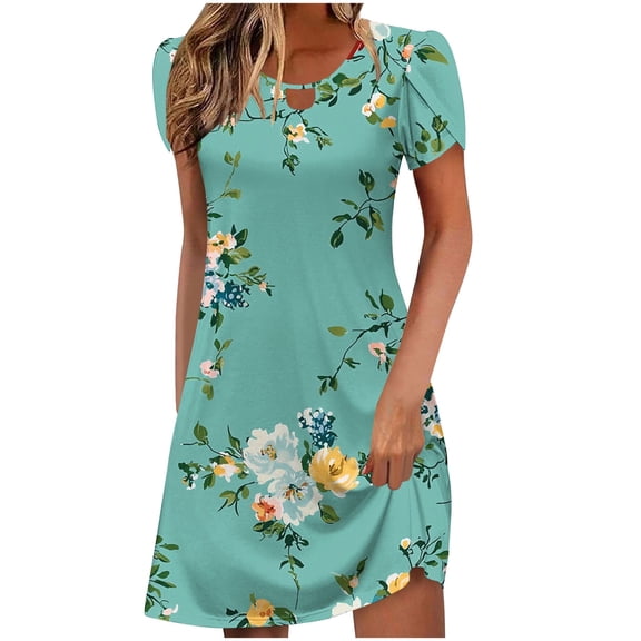 Lovzfmll Sundress for Women, Crew Neck Short Sleeve with Ruffle & Cutout, Vacation Mid-Length Dress Mint Green, S