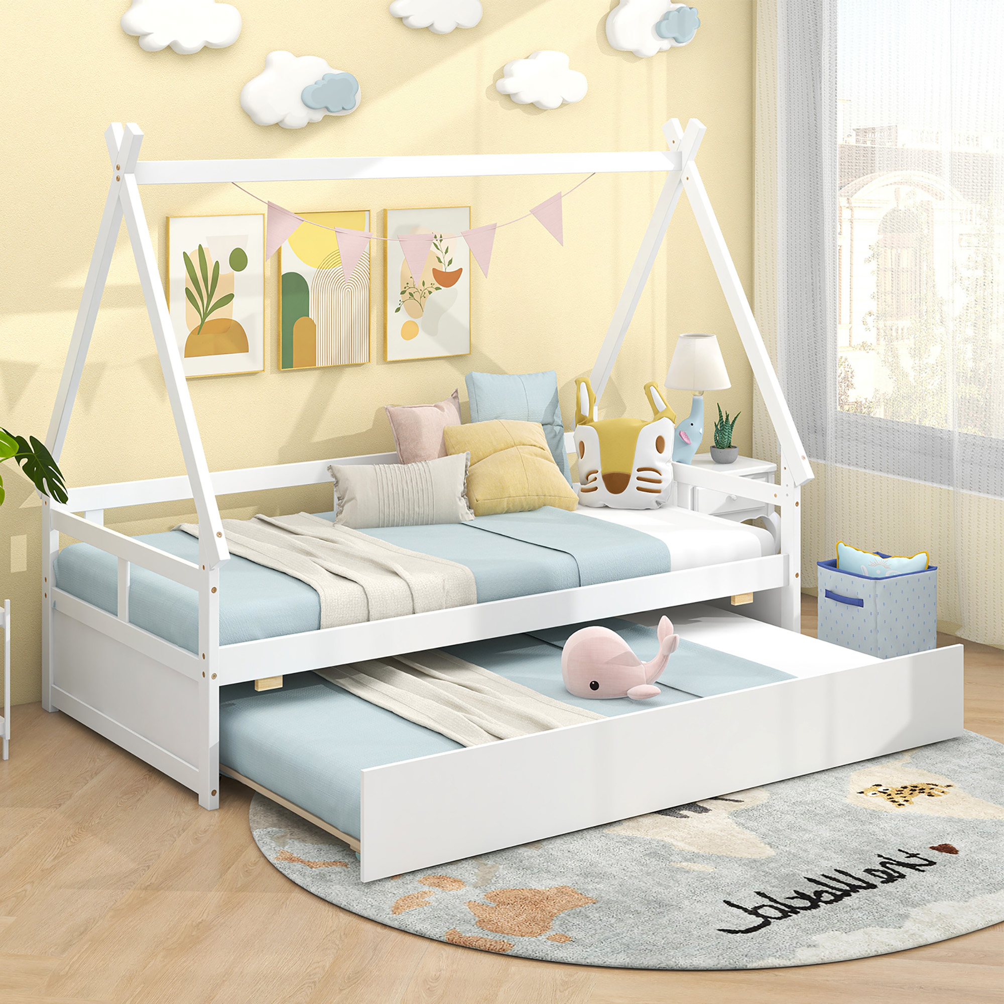 Gymax Twin Size House Bed w/ Trundle Roof & Safety Guardrail Wood Slat Support White
