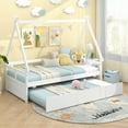 thumbnail image 4 of Gymax Twin Size House Bed w/ Trundle Roof & Safety Guardrail Wood Slat Support White, 4 of 10