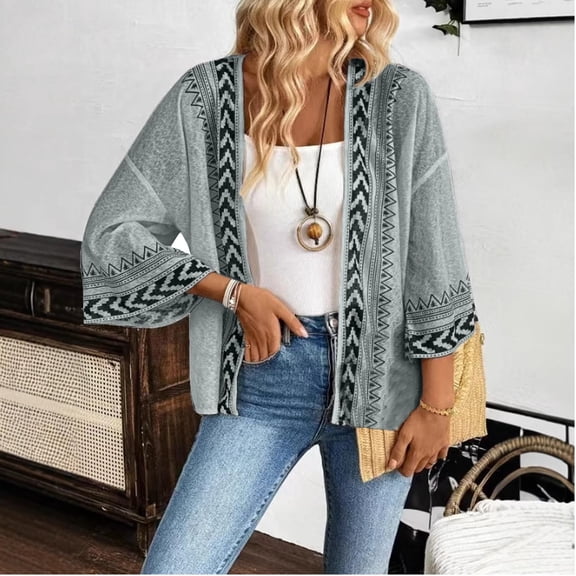 Ynynloco Womens Lightweight Crochet Cardigan Sweaters Open Front 3/4 Sleeve Knit Kimono Summer Bohemian Geometric Cover Up