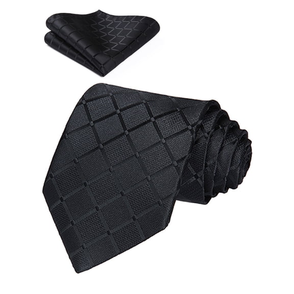 Black Ties for Men Plaid Checkered Tie with Handkerchief Set Classic Business Formal Neckties