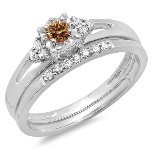 0.30 Carat (ctw) 14K White Gold Round Champagne & White Diamond Ladies Split Shank Bridal Engagement Ring Set With Match