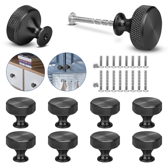 TSV 10pcs Knurled Cabinet Knobs, Brushed Black Kitchen Drawer Pulls for Dresser, Modern Furniture Hardware Handles