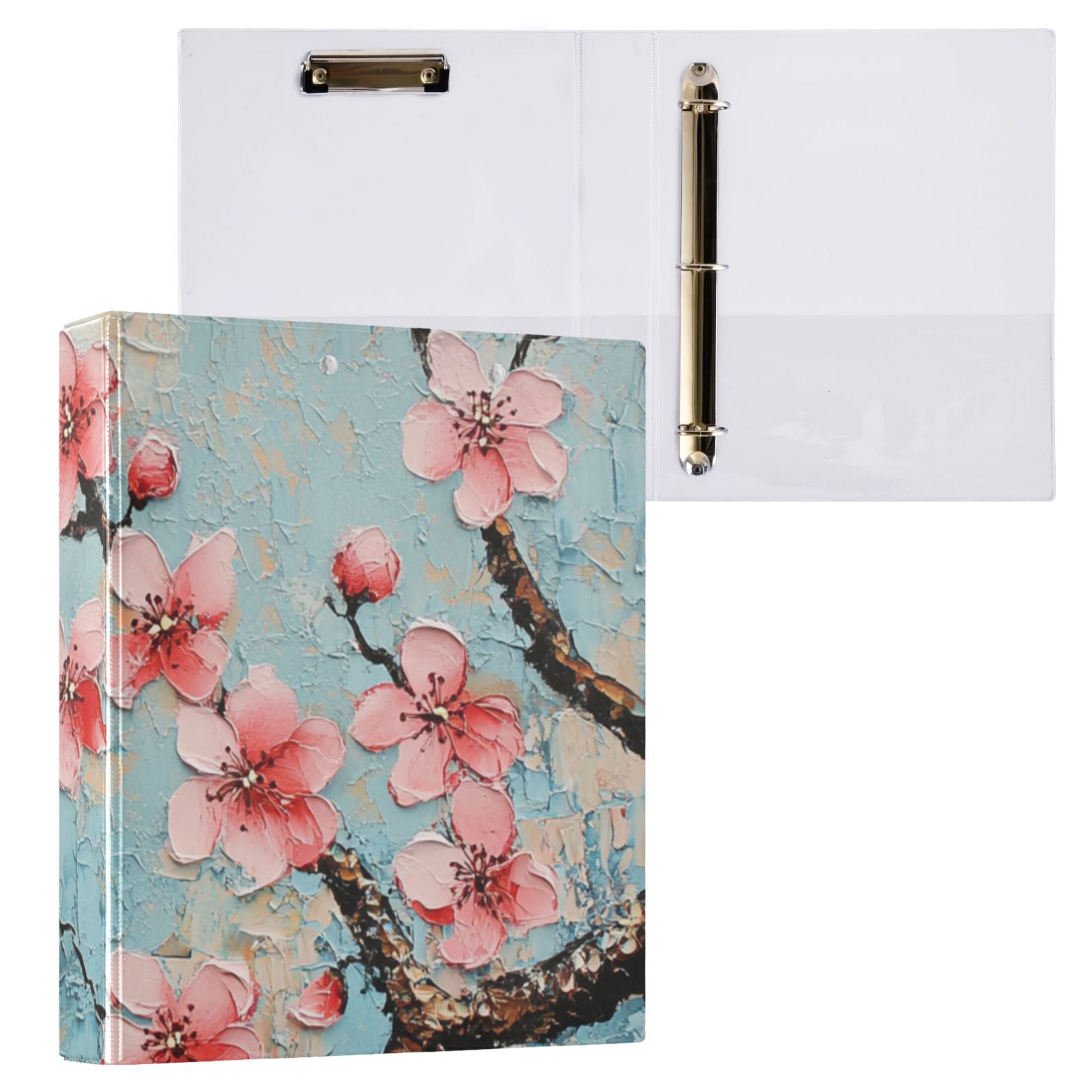Cherry Flowers Painting 3 Ring Binders 1.5 inch Hardcover File Folders with Interior Pockets A4 Size Organizer for School Office Hospital