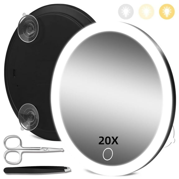 Black Magnifying Mirror with Light 20X, 4" Compact Pocket Makeup Mirror Rechargeable 3 Colors Modes Dimming Lighted Makeup Mirror with 20X Magnification, Travel Magnified Mirror with 3 Suction Cups