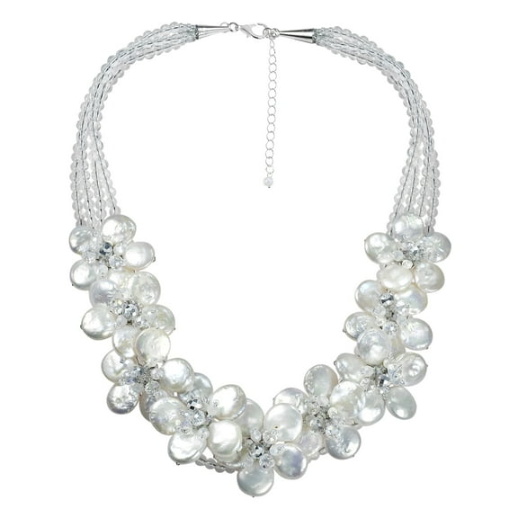 Striking Floral Plumeria White Coin Pearl Statement Necklace