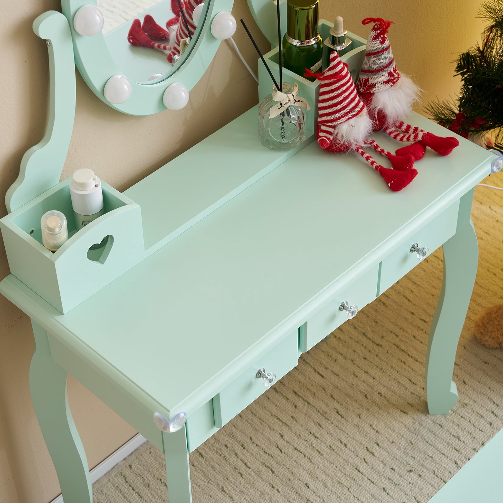 PAPROOS Kids Vanity Set with Mirror and Stool, Wood Pretend Play Princess Makeup Dressing Table with 3 Color LED-Light and 5 Storage Drawers, Girls Small Vanity for Little Girls, Macaroon Green