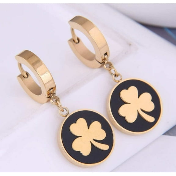 Gold Round Clover Titanium Steel Earrings