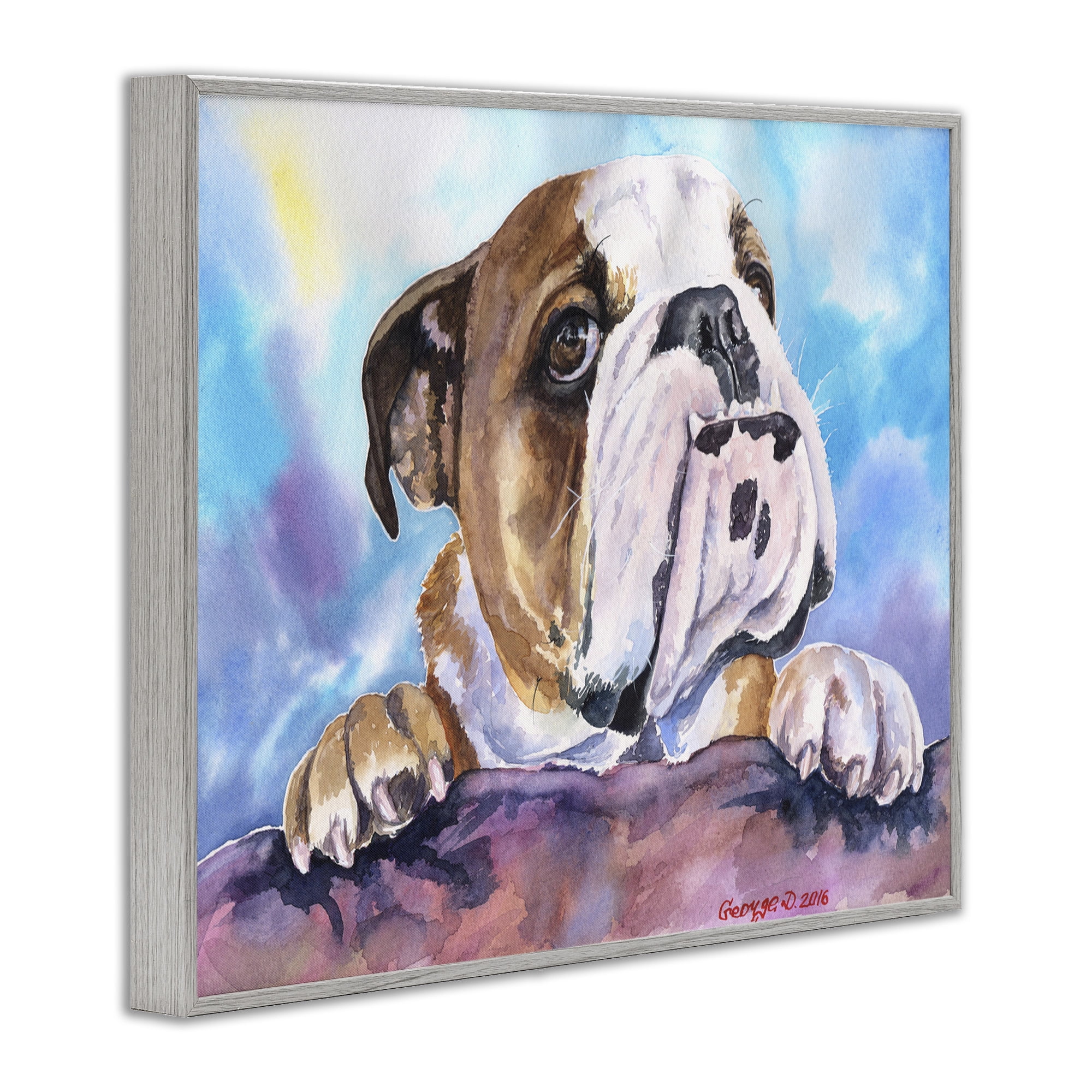 Stupell Industries English Bulldog Dog Pet Watercolor Animals & Insects Painting Gray Framed Art Print Wall Art, 30 x 24