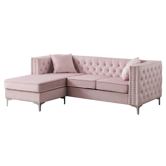 Paige 87 in. Pink Velvet L-Shape 3-Seater Sofa with 2-Throw Pillow