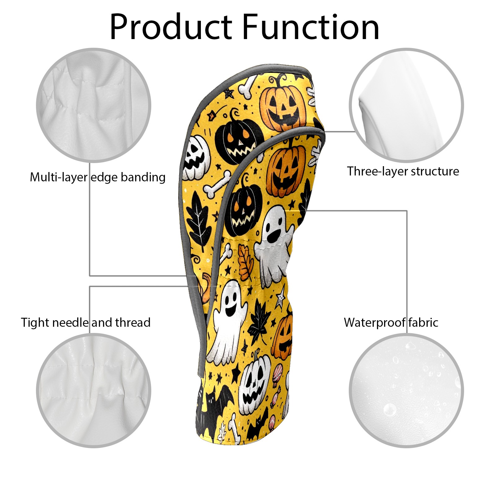 Golf Club Covers, Yellow Ghost Pumpkin Skull Premium PU Leather Driver Hybrid Putter Head Covers with Velvet Lining, Waterproof Golf Gifts for Men Women