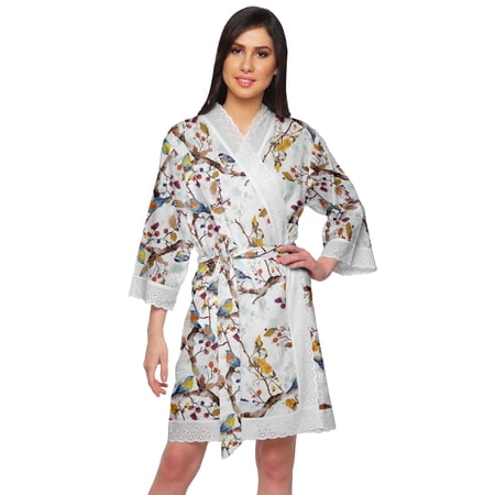 Moomaya Cotton Printed Robe For Women Kimono Getting Ready Bridesmaid Lace Robes