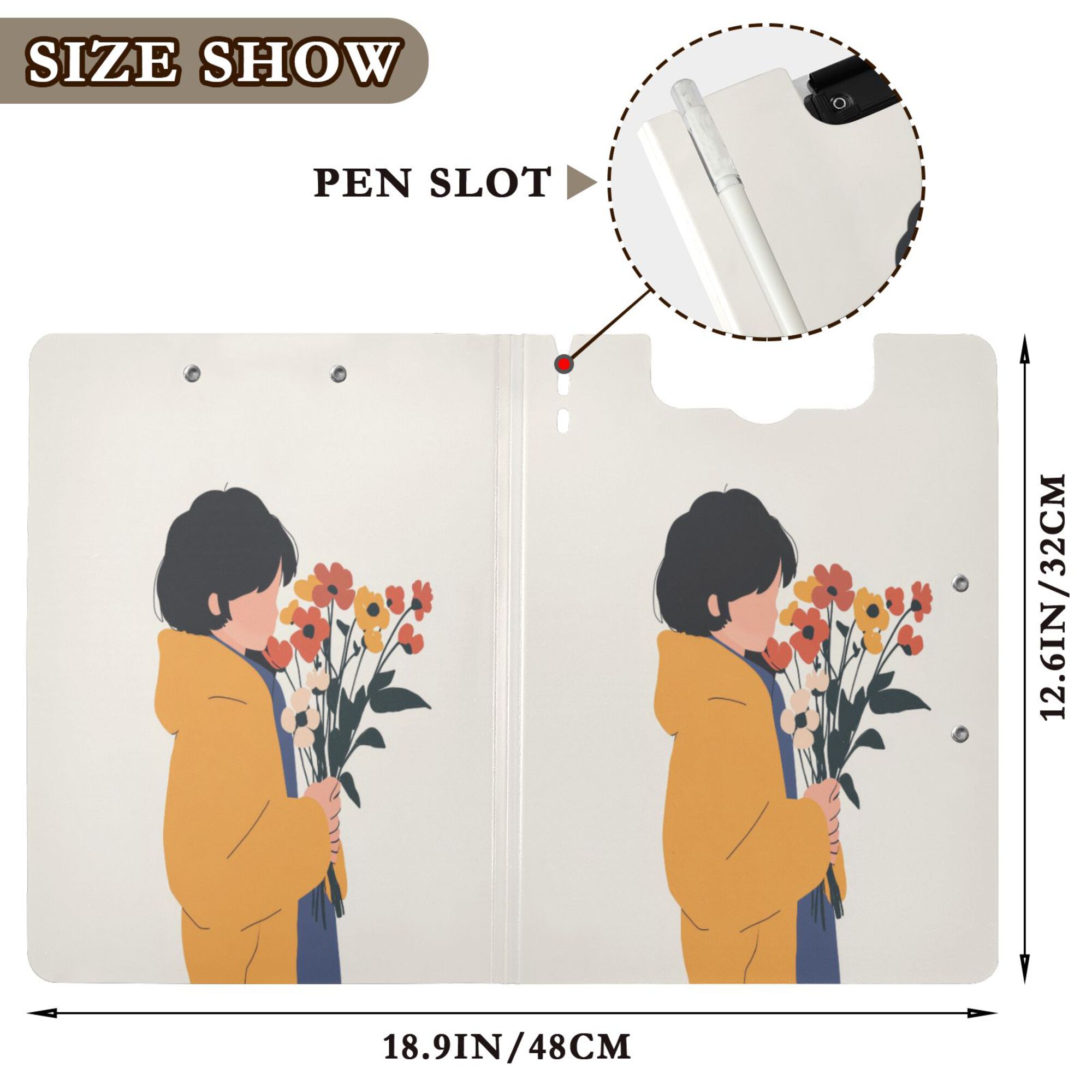 FORMRS A4 Clipboard Folder with Pen Holder Horizontal Foldable School Office Binder, Cartoon Flowers