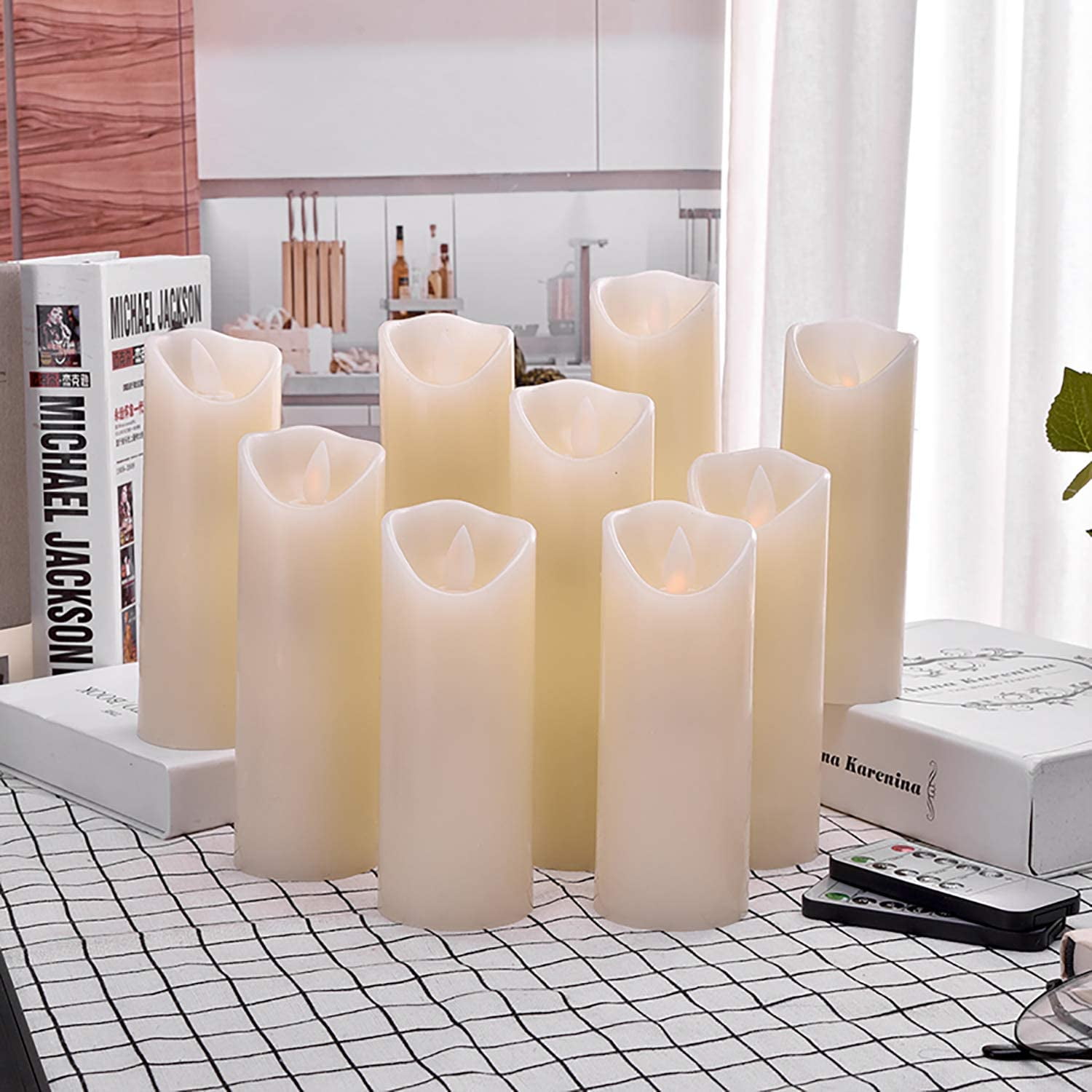 OSHINE Flameless Candles 9 pack LED Lights Moving Wick Real Wax Ivory Electric Candles Pillar Battery Candles Flicker Lights Votive Flames Remote Control with Timer 300+ Hours Halloween