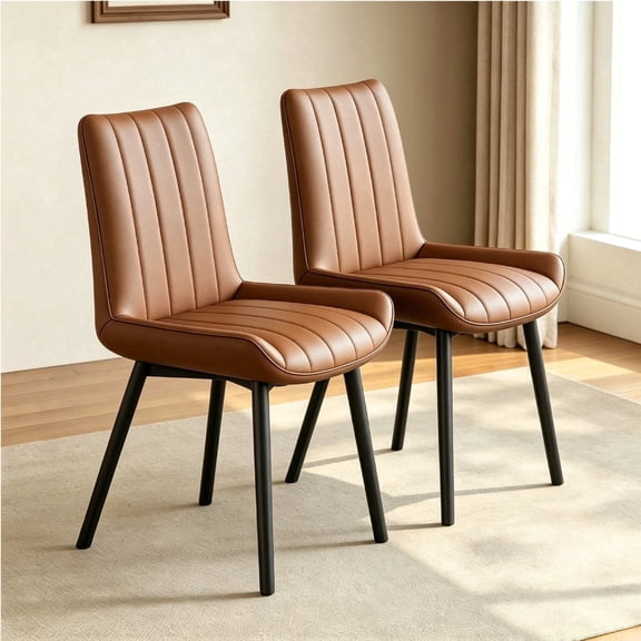 PU Leather Dining Chairs Set of 2, Brown Thickened Padded Cushion Upholstered Side Chairs, Vertical Stitched Modern Kitchen Chairs With Metal Legs