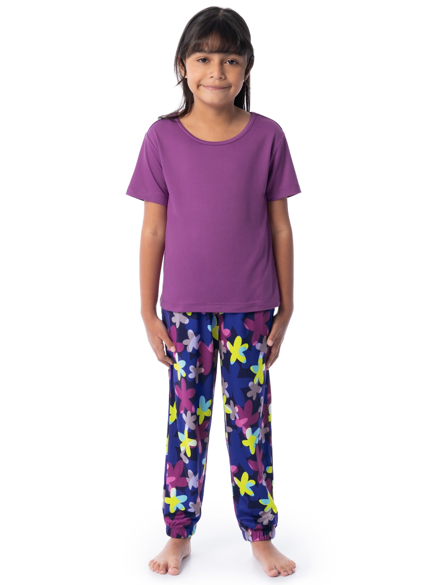 Fruit of the Loom Girl's Getaway Loose Fit Short Sleeve Top, Pajama Sleep Pant & Short Set, 3-Piece, Sizes 4/5-14/16