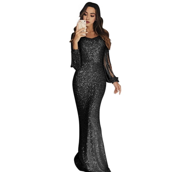 Quixlent Women Prom Dress Tassel Sleeves Sheath Slim Fit V Neck Solid Color Sequin Fishtail Hem Evening Dress Cocktail Party Maxi Dress