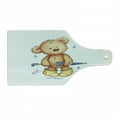 thumbnail image 1 of Bear Cutting Board, Teddy Toy Caught up in Rain Rubber Boots Holding an Umbrella Cartoon, Decorative Tempered Glass Cutting and Serving Board, Wine Bottle Shape, Sand Brown Yellow Blue, by Ambesonne, 1 of 1