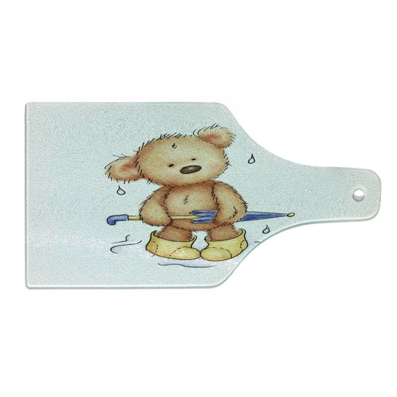 Bear Cutting Board, Teddy Toy Caught up in Rain Rubber Boots Holding an Umbrella Cartoon, Decorative Tempered Glass Cutting and Serving Board, Wine Bottle Shape, Sand Brown Yellow Blue, by Ambesonne