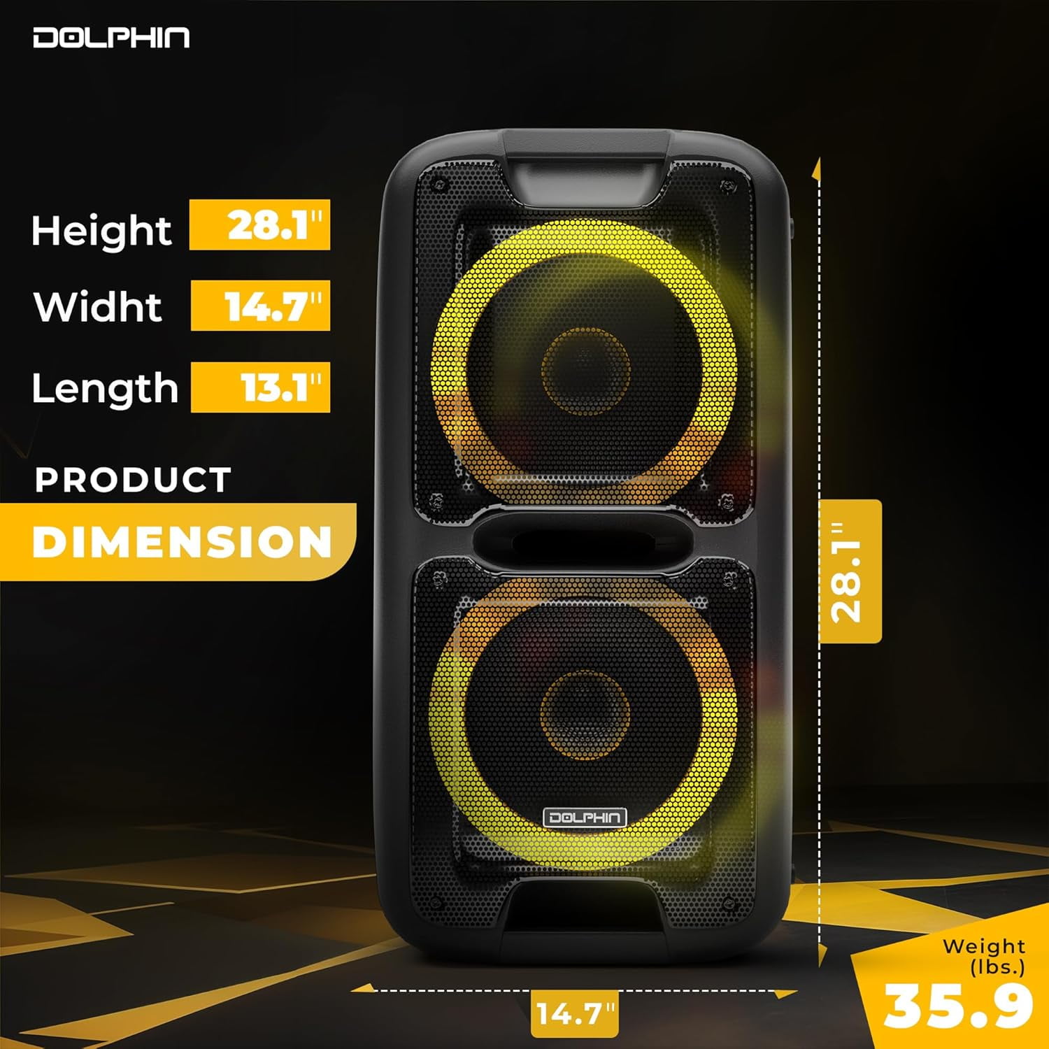 Dolphin SP-2100RBT Portable Bluetooth Speaker – Party Speaker with Sound-Activated, TWS, Powerful X-Bass, Dual 10" Woofers, Long-Lasting Battery