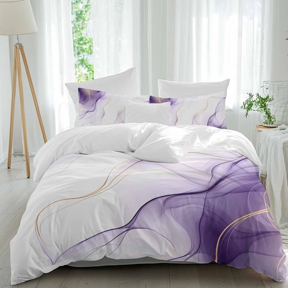 3 Piece Marble Purple Duvet Cover Set Queen Size,Microfiber Comforter/Quilt Cover with Corner Ties and 2 Pillowcases,Gold White Modern Gradient Ocean Ripple All Season Bedding with Zipper Closure