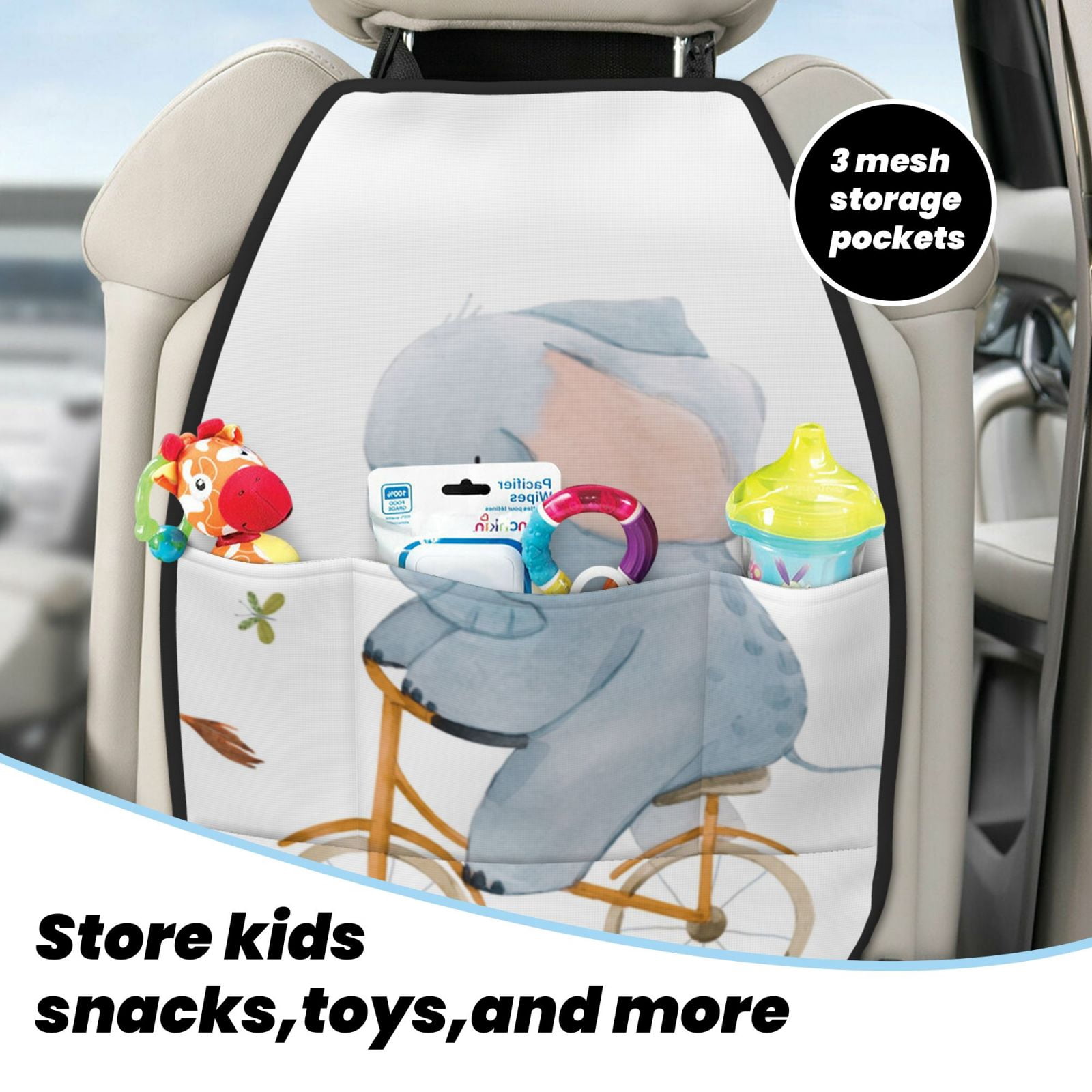 Xecao Animals in Transport Pattern Car Seat Back Protector 2 Pack Large Capacity Pocket, Kick Mats Back Seat Protector