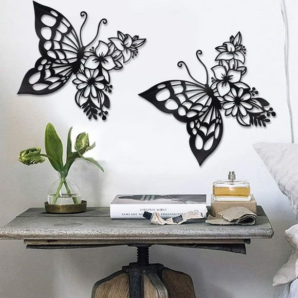 Decoración mural EZ4ENCE con forma de mariposa, metal negro, 2 unidades