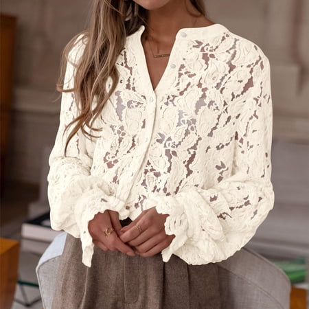 Seductiva Button Shirts for Women Women's Casual Lace Blouse Long Sleeve Button Up Shirts Tops Fall Fashion Clothes Business Casual Work Tops Women Shirts Summer