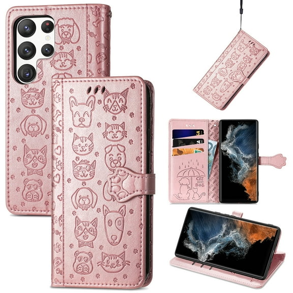 for Samsung Galaxy S25 Ultra Embossed Pattern Wallet Case with Card Holder, Cute Cat Cartoon PU Leather Flip Kickstand Cover with Magnetic Clasp Wrist Strap for Samsung Galaxy S25 Ultra, Rosegold