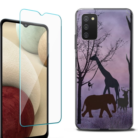 Slim-Fit Protective Fashion Phone Case (Black) for Samsung Galaxy A03s, with Tempered Glass Screen Protector, by OneToughShield ® - Twilight Safari