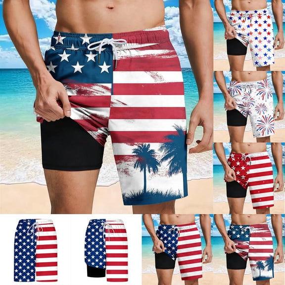Xcmzpl 4th of July Swim Trunks Mens American Flag Print Board Shorts with Mesh Lining Breathable Surf Beach Shorts Swimwear Bathing Suits