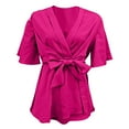 thumbnail image 6 of Clothing Delayuji Women's Sweatshirts Shirts for Women Women's Peplum Tunic Top Bell Sleeve V Neck Ruffle Hem Tie Front Elegant Shirt Blouses M Pink, 6 of 9
