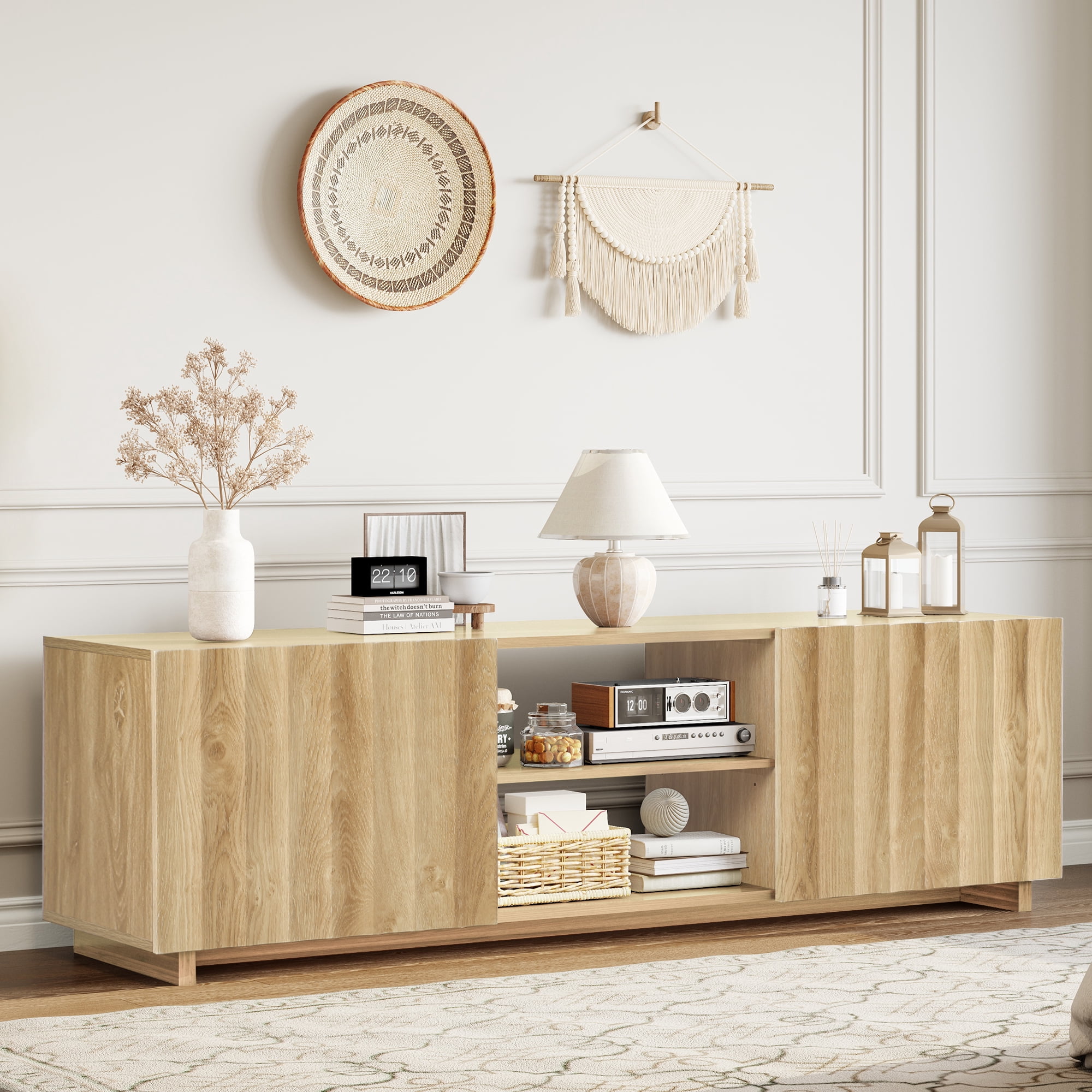 LEFHDA Fluted 61" TV Stand for TVs up to 75", Mid Century Modern Entertainment Center with 2 Doors & Adjustable Shelves, Wood Media Console Table for Living Room, Bedroom (Oak)