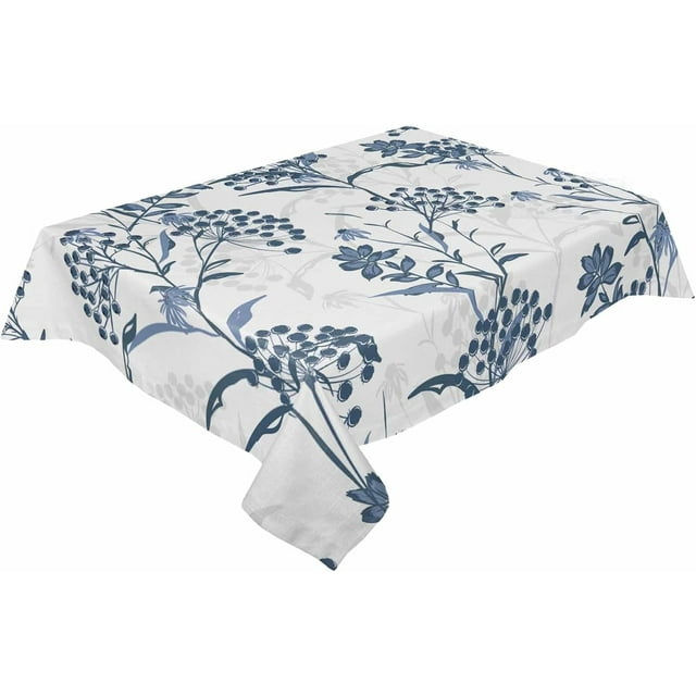 Vintage Floral Plant Tablecloth Rectangle Round Table Cloth 60x102 Inch, Blue Indoor or Outdoor Tablecloth, Spring Summer Waterproof Polyester Washable Table Cover for Party Holiday Picnic Decoration