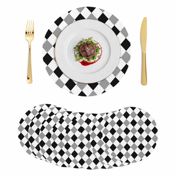 Black Grey Plaid Round 15 Inch Placemats Set of 8, Modern Geometric Minimalist Checkered HeatResistant Non Slip Place Mats for Dining Table, Wipeable Braided Kitchen Table Mats for Housewarming